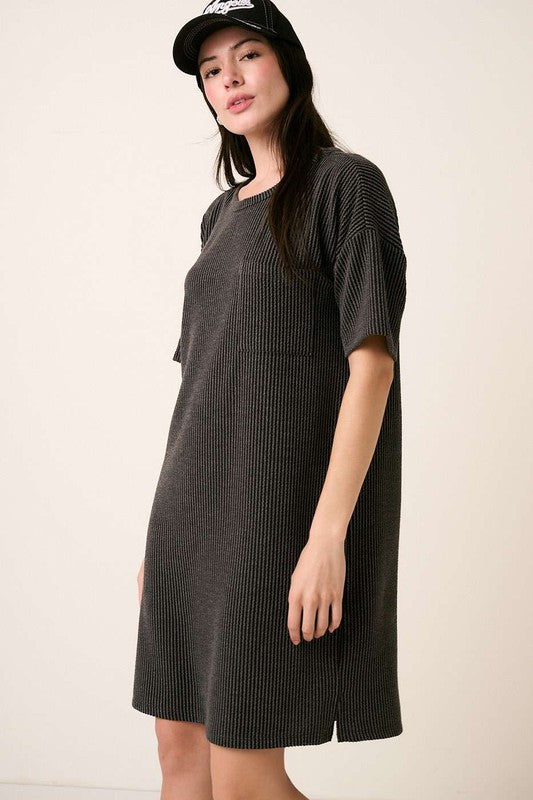 Rib Knit Short Sleeve Tee Dress in Charcoal Grey
