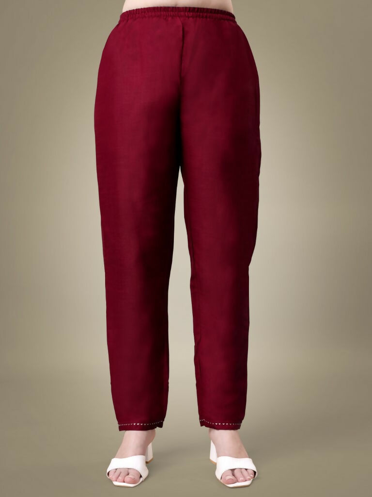 Women's Maroon Cotton Blend Embroidered Kurta Set with Sequence