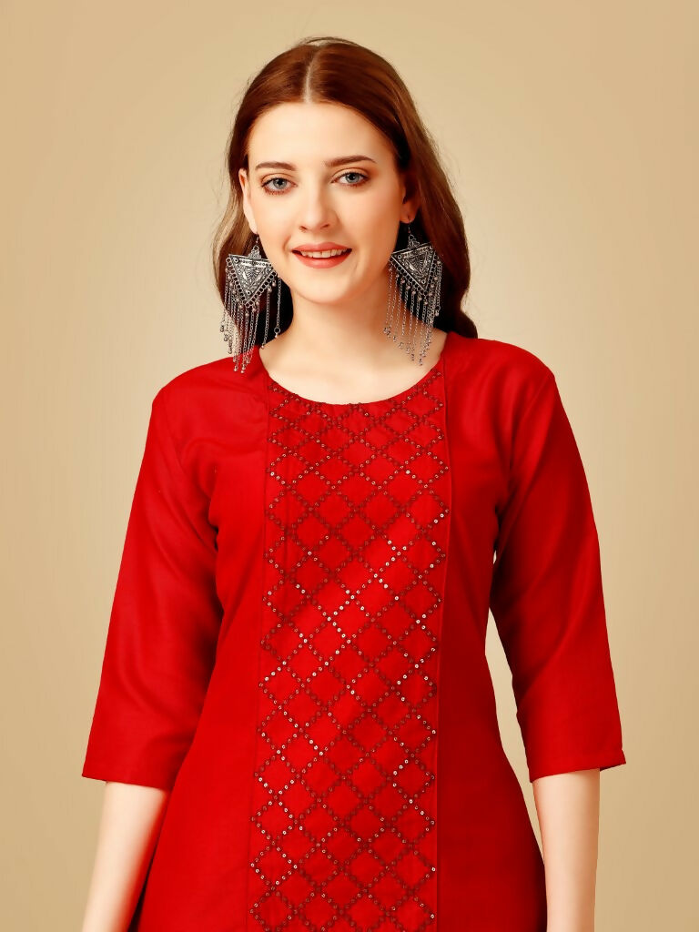 Women's Red Cotton Blend Embroidered Kurta Pant Set