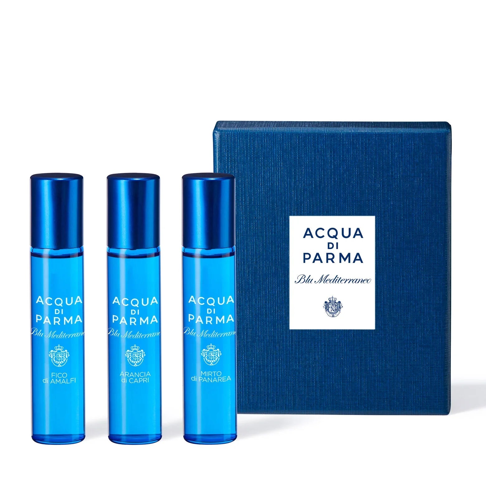 Acqua di Parma Blu Mediterraneo travel fragrance trio in blue bottles
