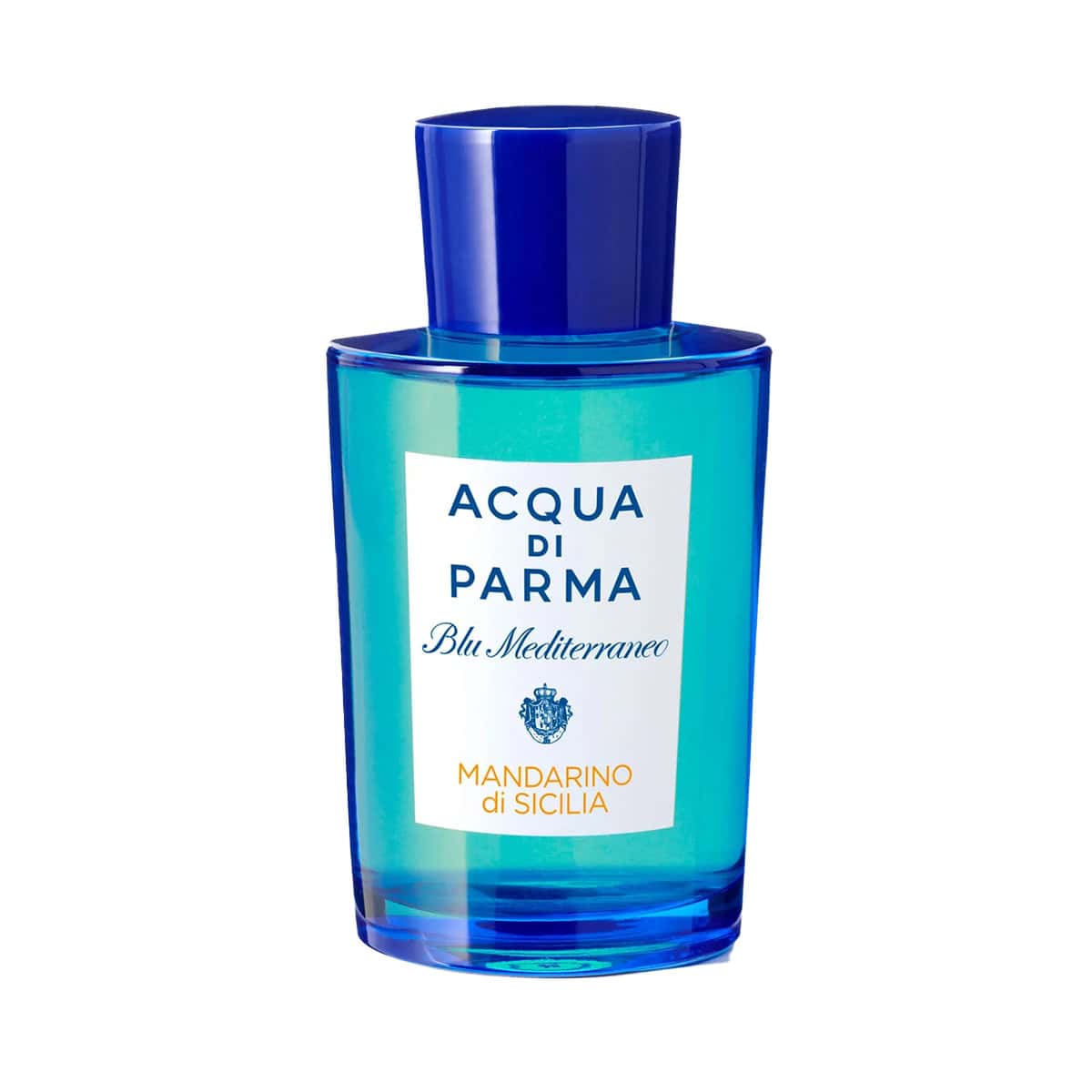 Acqua di Parma Blu Mediterraneo Mandarino di Sicilia Eau de Toilette in a blue and white minimalist glass bottle.