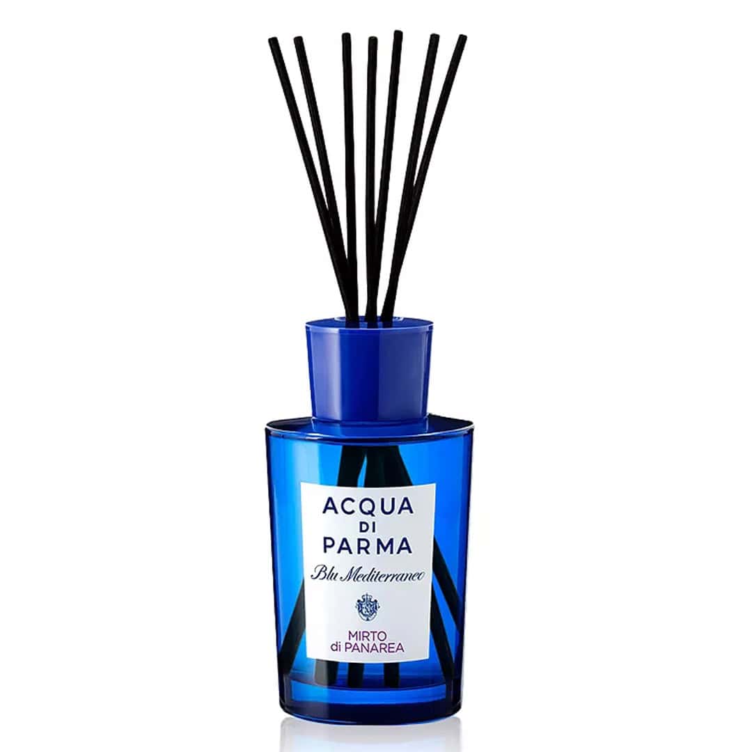 Acqua di Parma Mirto Di Panarea 6 OZ room diffuser in a deep blue glass jar with white label.