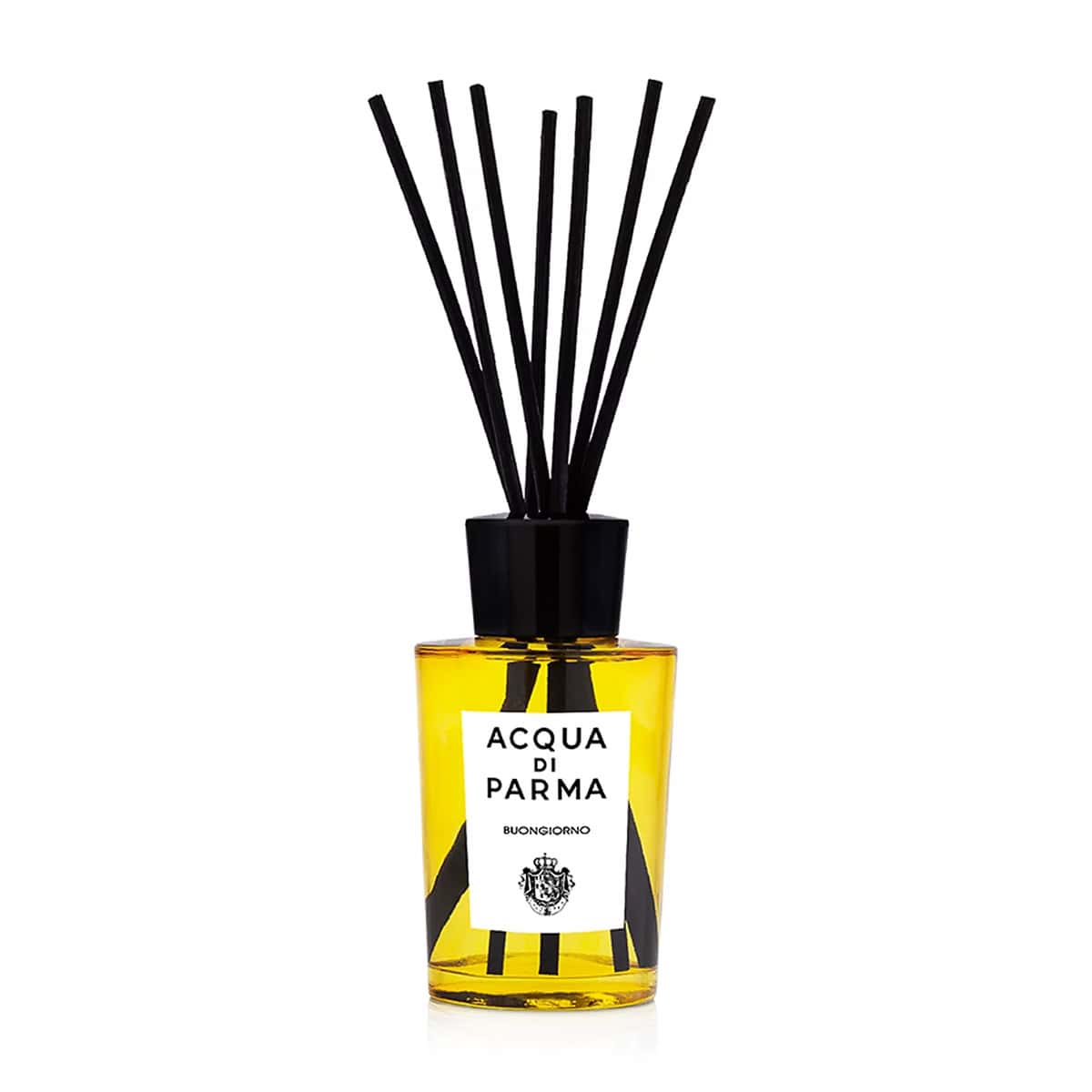 Modern 6 oz Buongiorno luxury room diffuser in amber glass bottle with black reed accents.