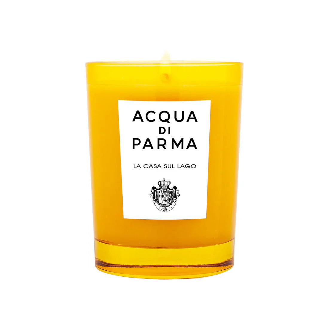 A minimalist yellow glass Acqua di Parma La Casa Sul Lago 6.7 OZ candle with a white label.