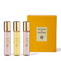 Acqua di Parma Le Nobili Discovery Set featuring three 12ml floral eau de parfum travel bottles in gold and yellow packaging.