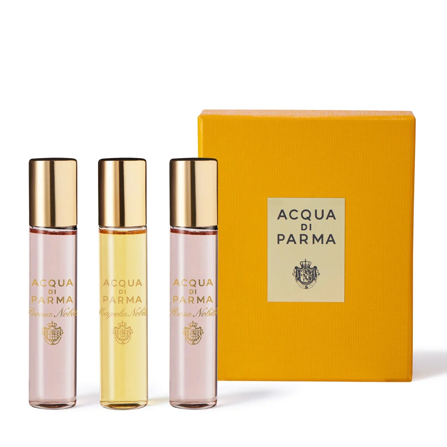 Acqua di Parma Le Nobili Discovery Set featuring three 12ml floral eau de parfum travel bottles in gold and yellow packaging.