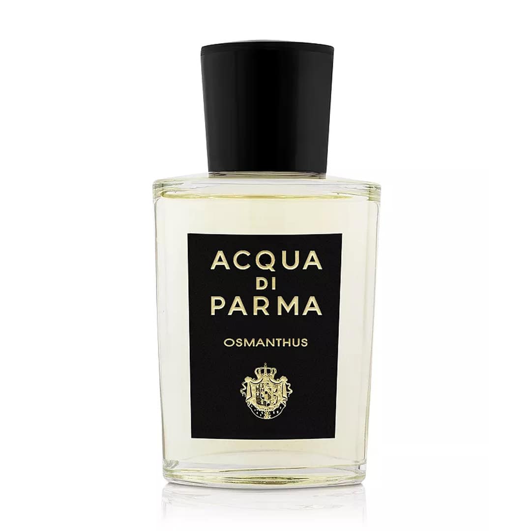 Acqua di Parma Osmanthus Eau de Parfum in a clear glass bottle with minimalist black and gold branding.