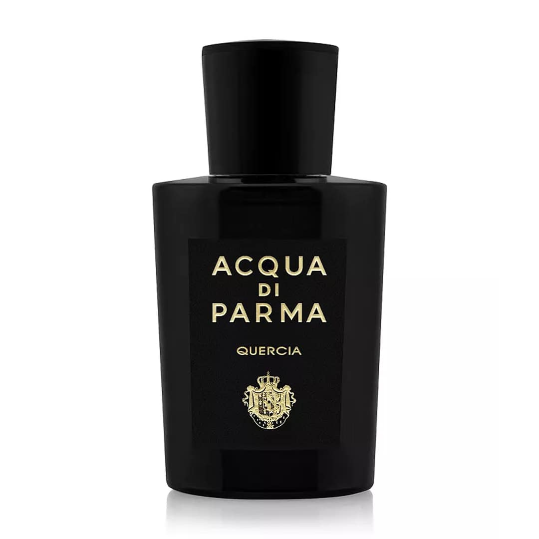 Acqua di Parma Quercia Eau de Parfum bottle showcasing its signature yellow and woody aesthetic.