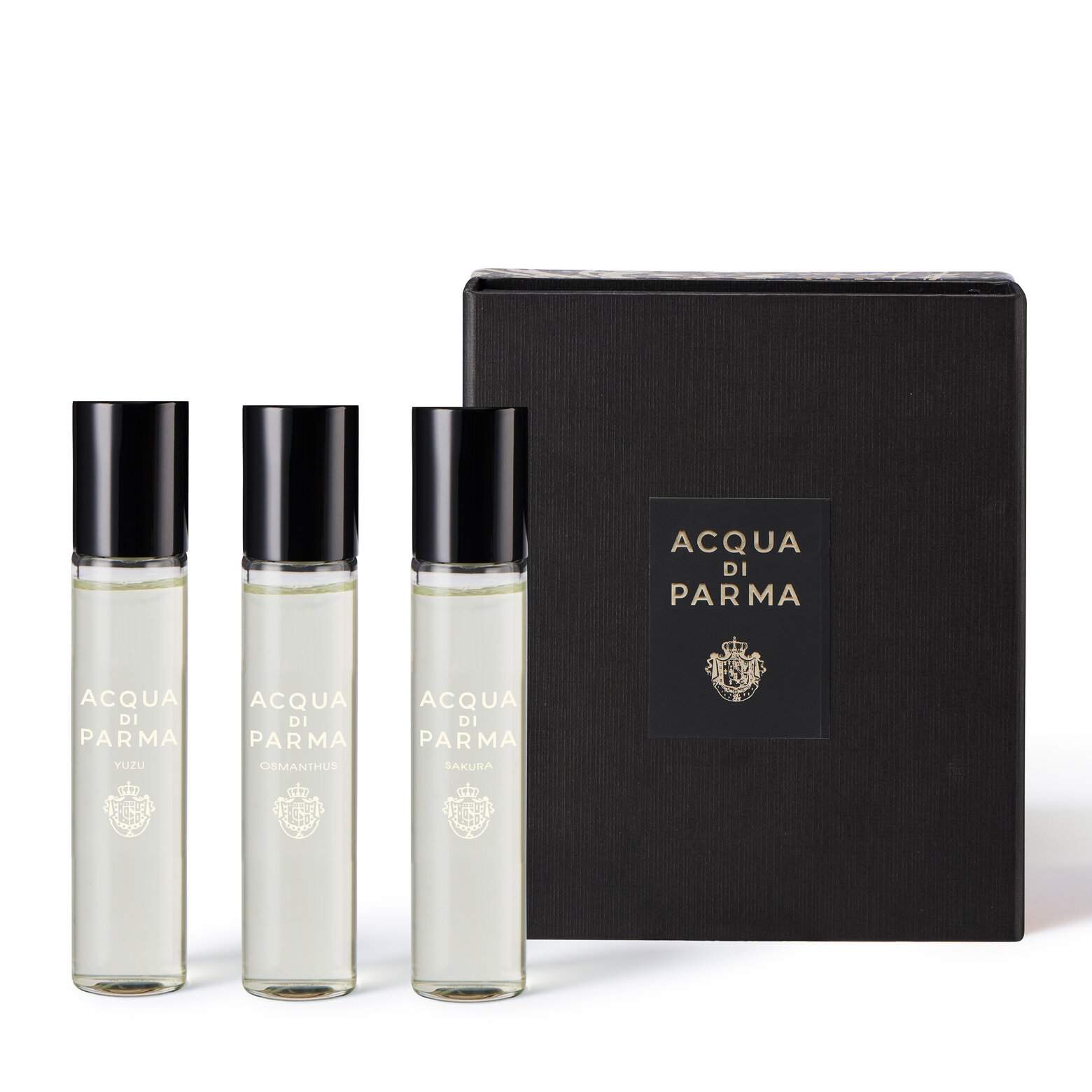 Acqua di Parma Signatures Trasp Discovery Set featuring three 12ml glass perfume vials in a box.