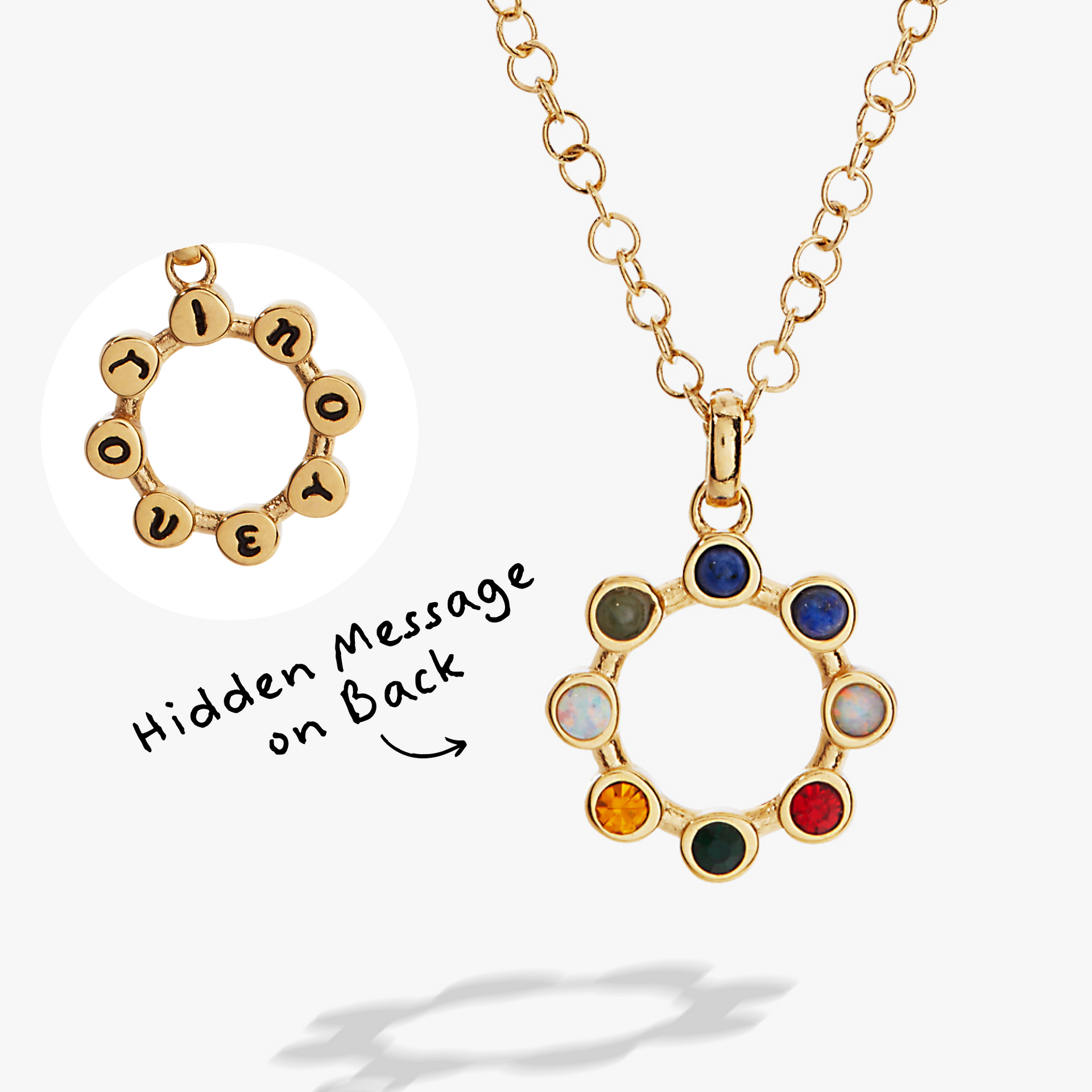 Multicolor crystal acrostic necklace spelling I Love You with various gemstones