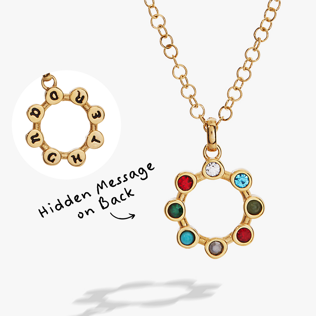 Gold-tone Daughter Hidden Message Acrostic Necklace featuring various multicolored crystals representing letters.