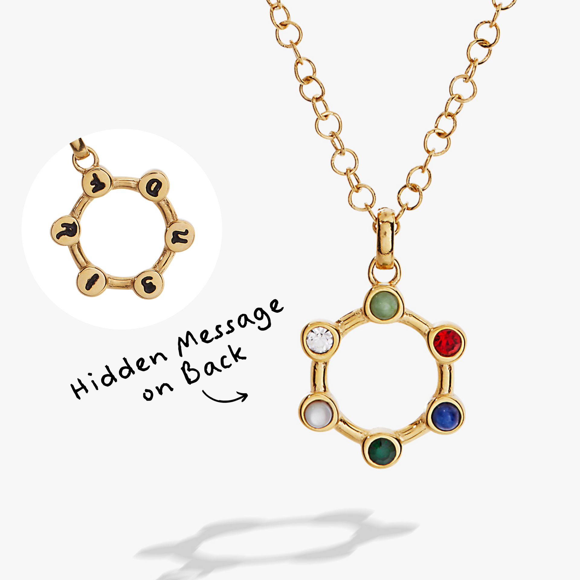 Friend acrostic hidden message necklace featuring multi-colored crystals on a gold chain.