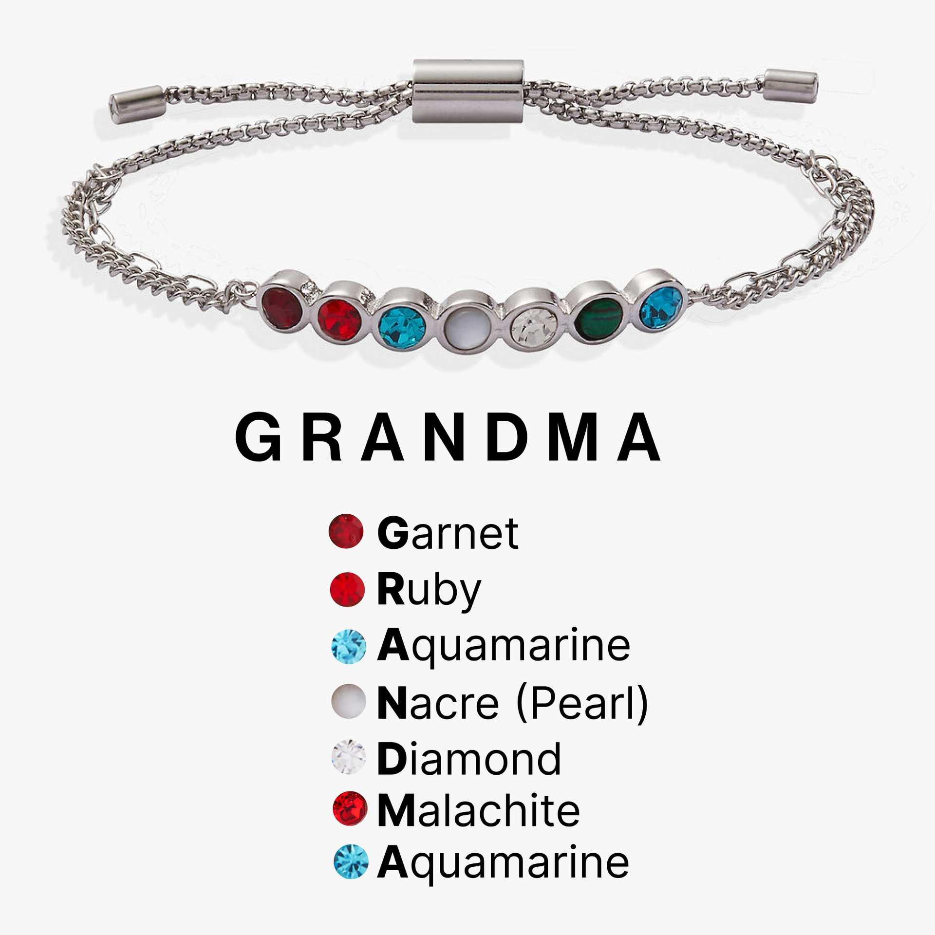 Grandma Acrostic Gemstone Bolo Bracelet with Hidden Message