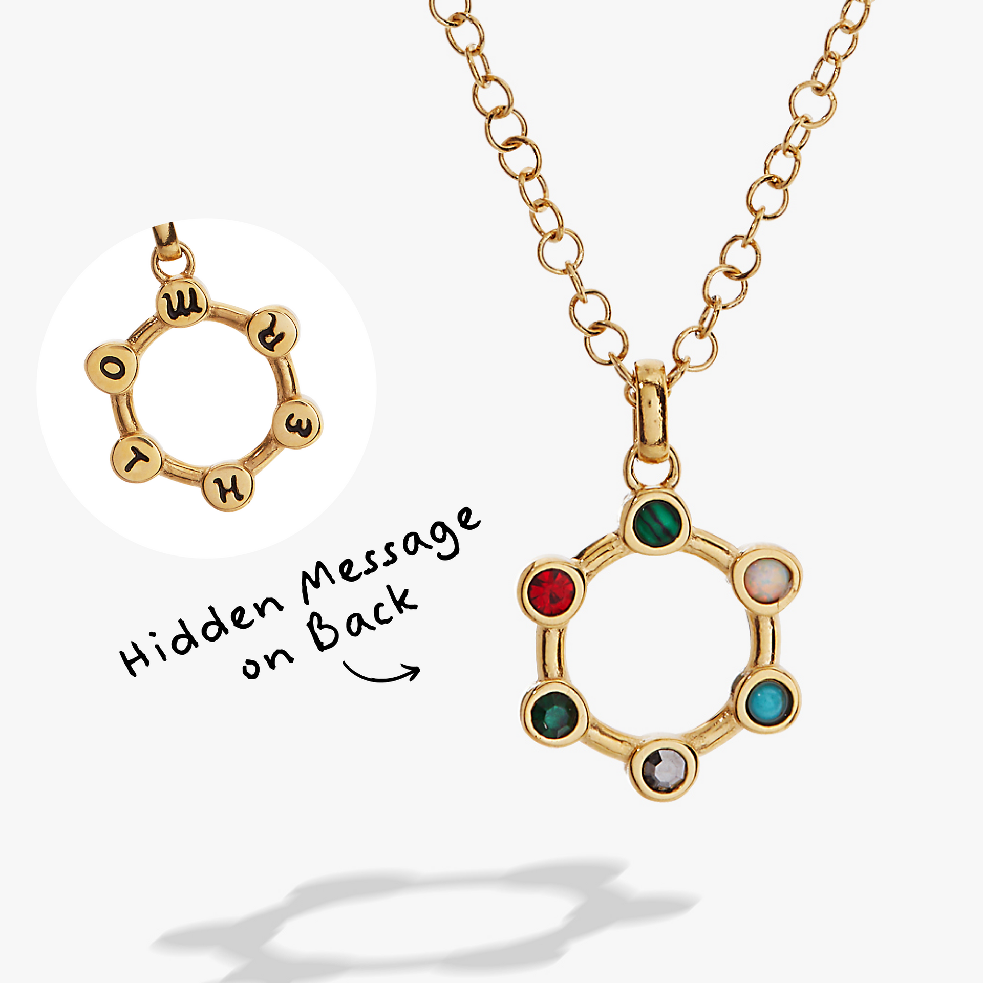 Mother acrostic hidden message necklace with multi-colored crystals on a dainty chain.