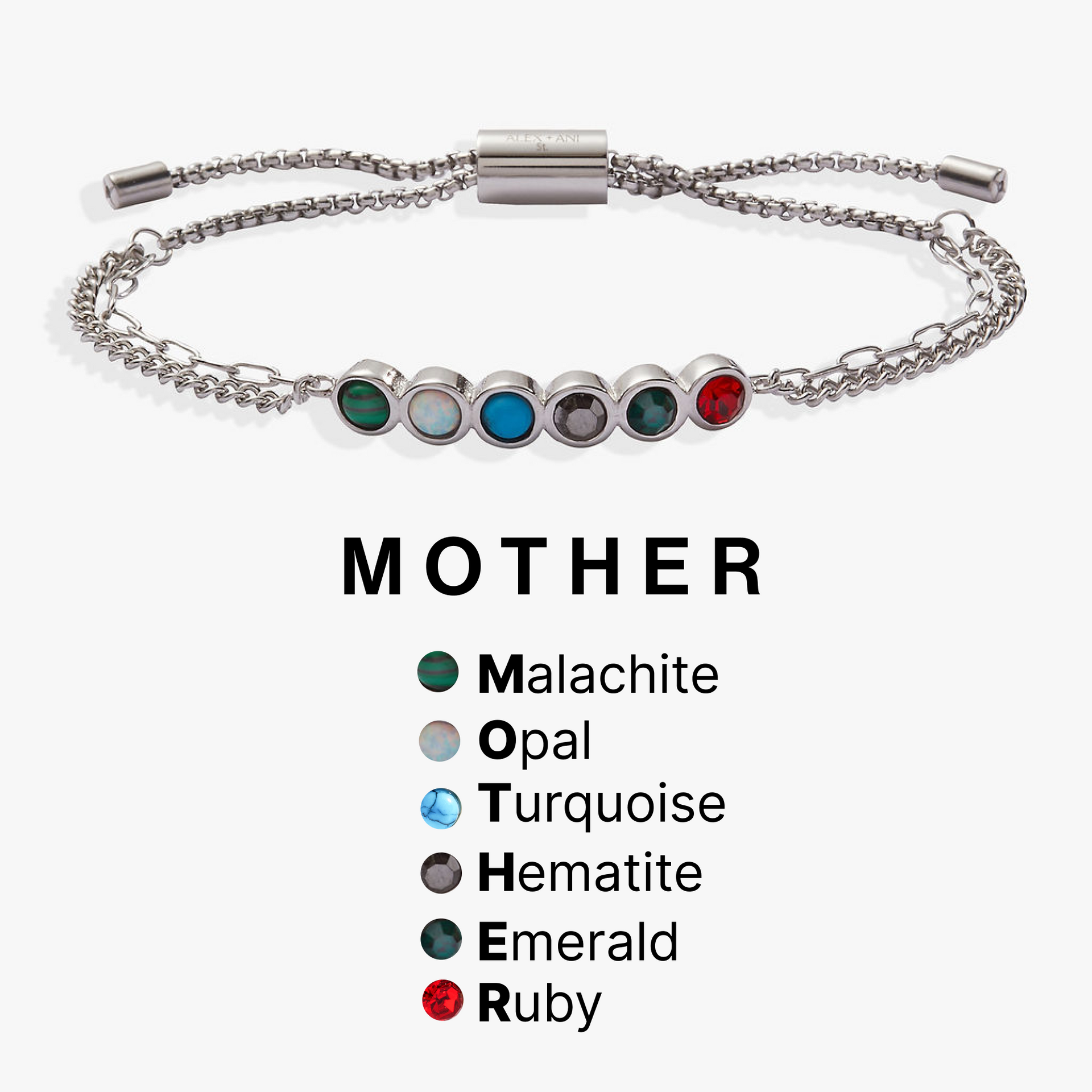 Mother Hidden Message Acrostic Bolo Bracelet with Multi-Gemstones