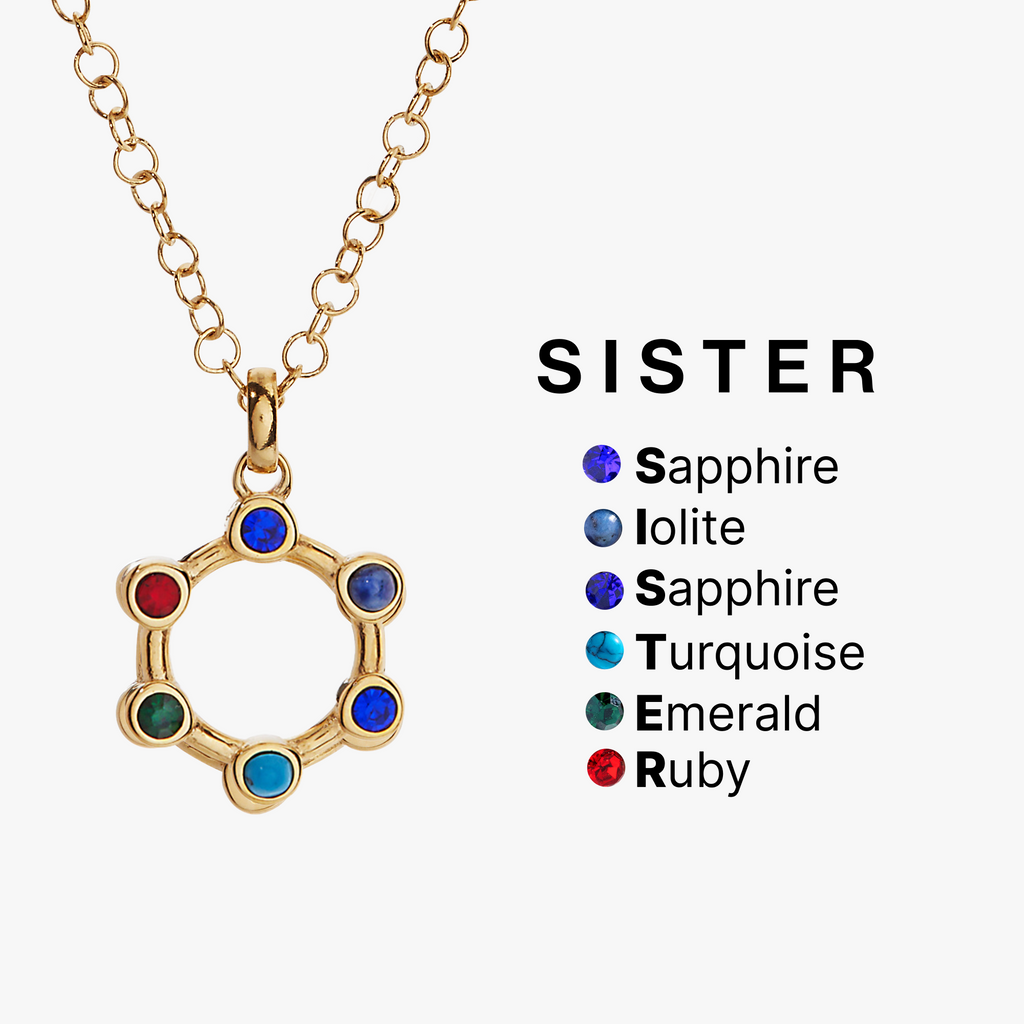 Sister Hidden Message Acrostic Crystal Necklace in Gold