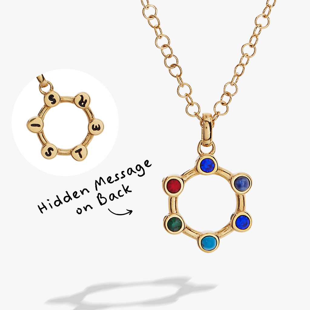Sister Hidden Message Acrostic Necklace featuring multicolor crystals and a gold-tone chain on a minimalist background.