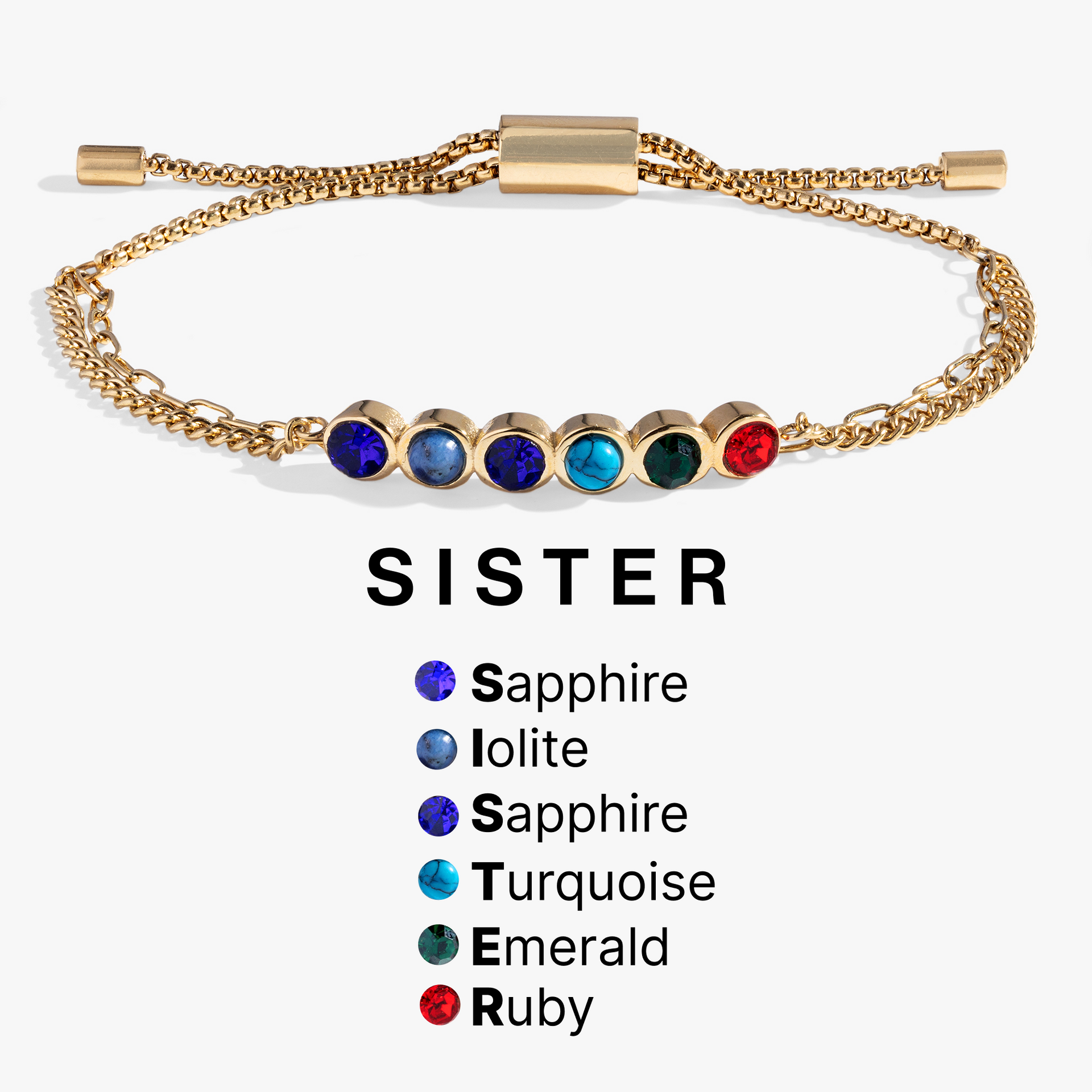 Sister Hidden Message Acrostic Bolo Bracelet with Gemstones