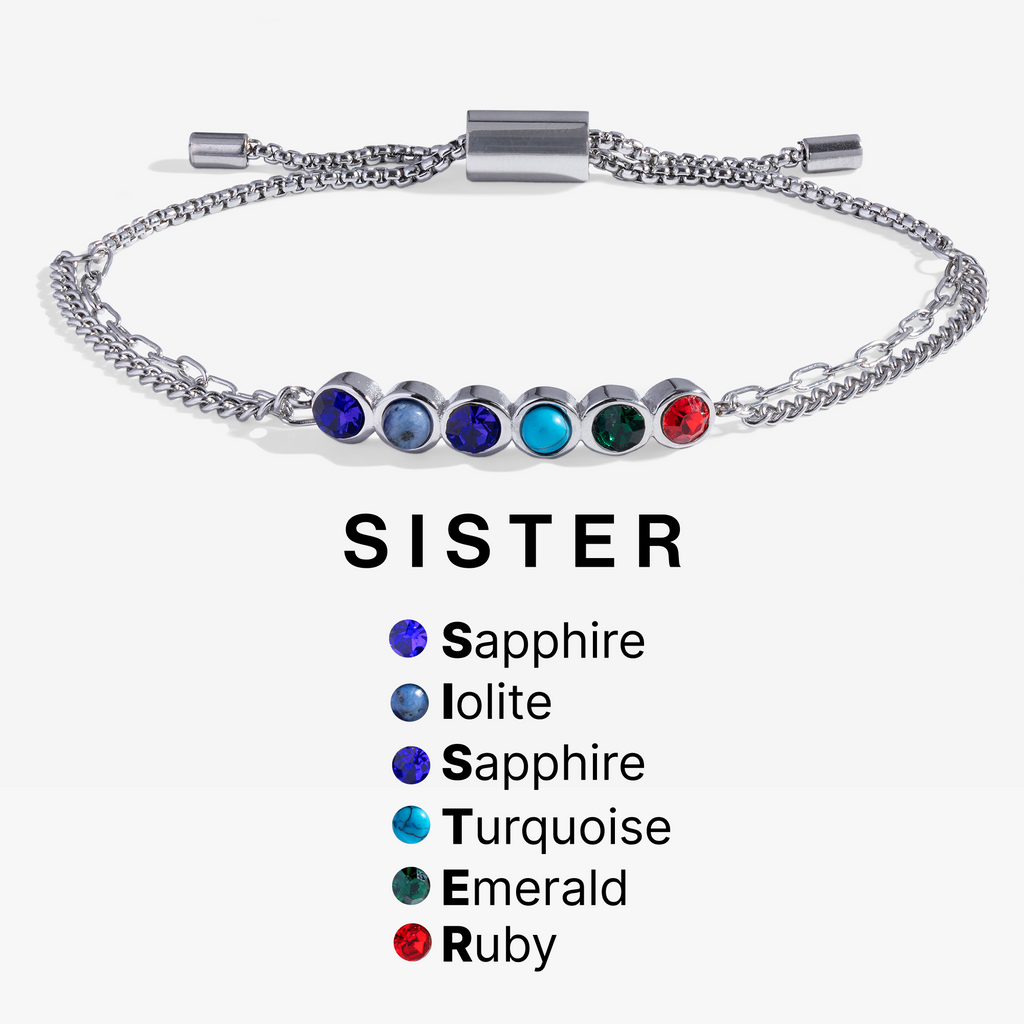 Sister Hidden Message Acrostic Bolo Bracelet with Gemstones