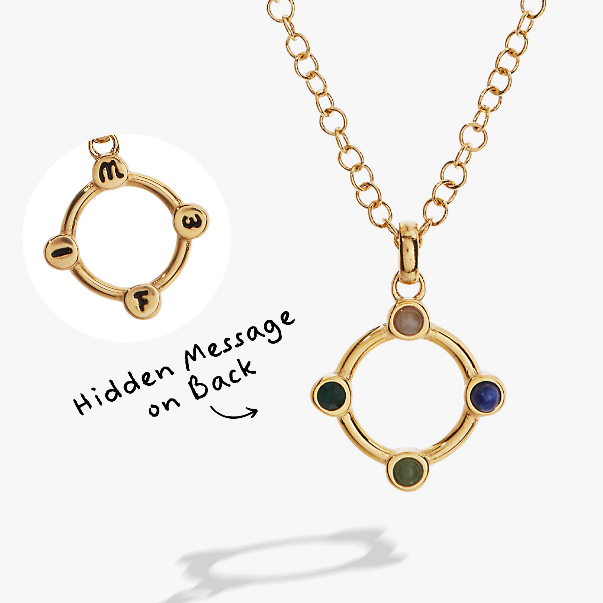 Wife acrostic pendant necklace with White Topaz, Iolite, Fluorite, and Emerald gemstones