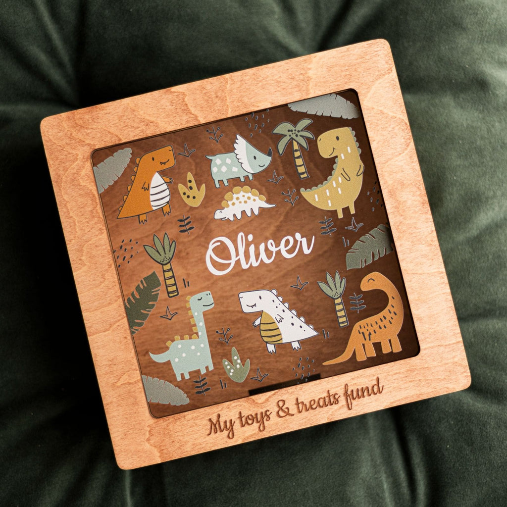Customized square acrylic dinosaur storage box for kids, showing a minimalist design for nurseries.