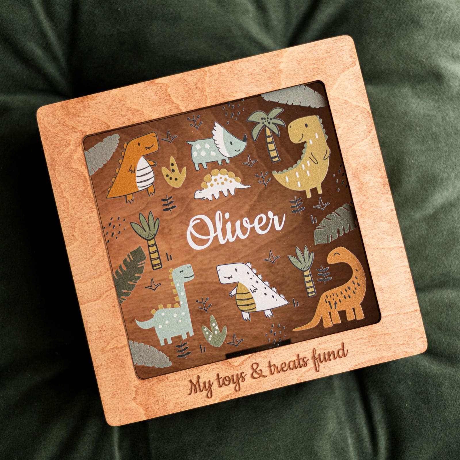 Customized square acrylic dinosaur storage box for kids, showing a minimalist design for nurseries.