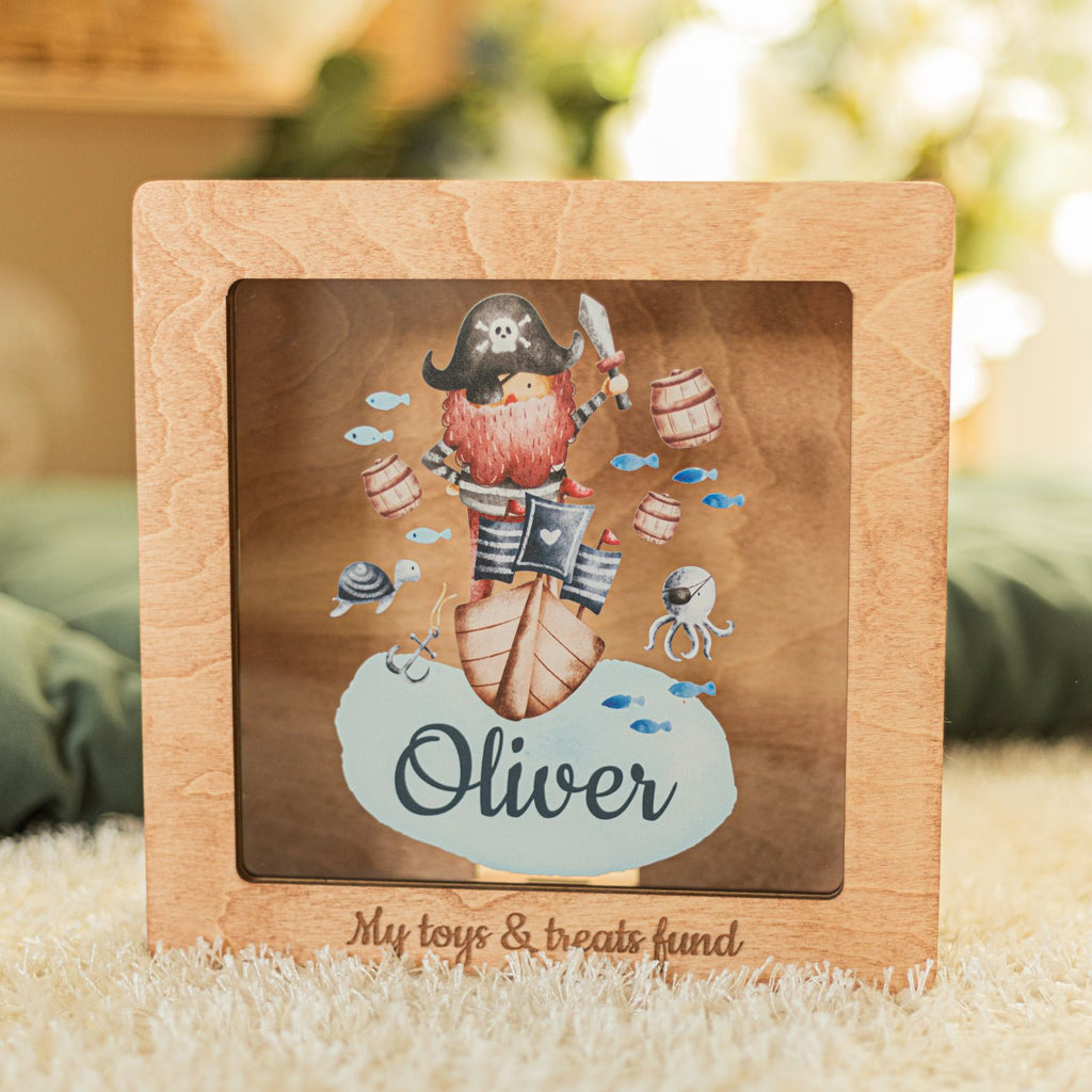 Custom wooden and acrylic pirate-themed keepsake box in various colors