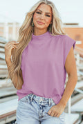 Lavender minimalist knit top with cap sleeves and a mock neck.