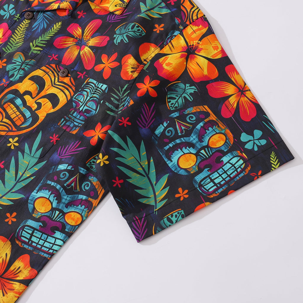 Tiki Tribal Revelry Print Short Sleeve 100% Cotton Aloha Shirt
