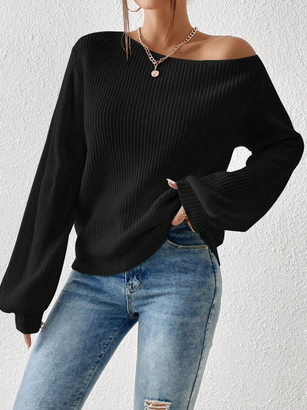 Women's White Off-the-Shoulder Long Sleeve Ribbed Knit Sweater - Image 21