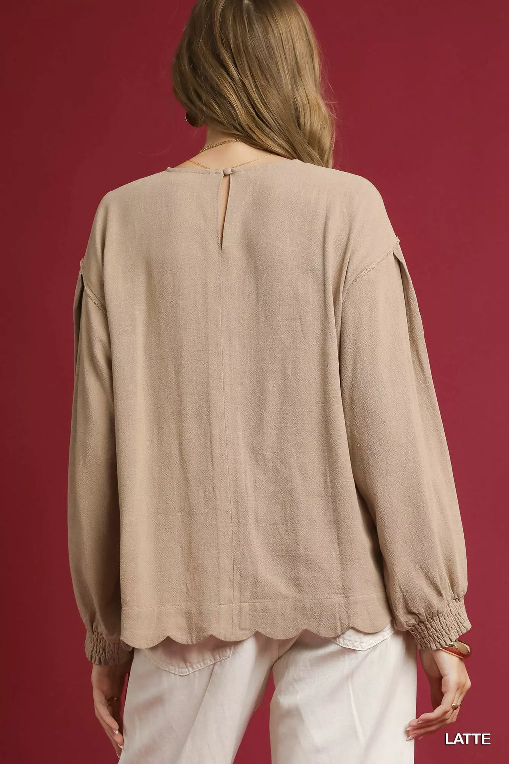 Latte Linen Scallop Hem Long Sleeve Blouse