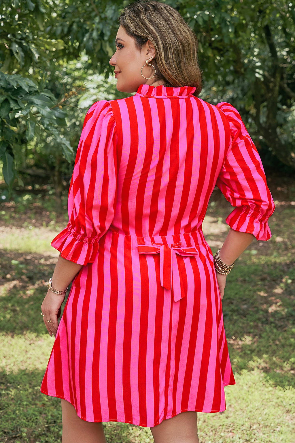 Presley Striped V-Neck Shift Mini Dress with Ruffle Cuffs