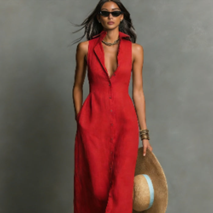Woman wearing a red sleeveless button-down midi dress with pockets and a collar.