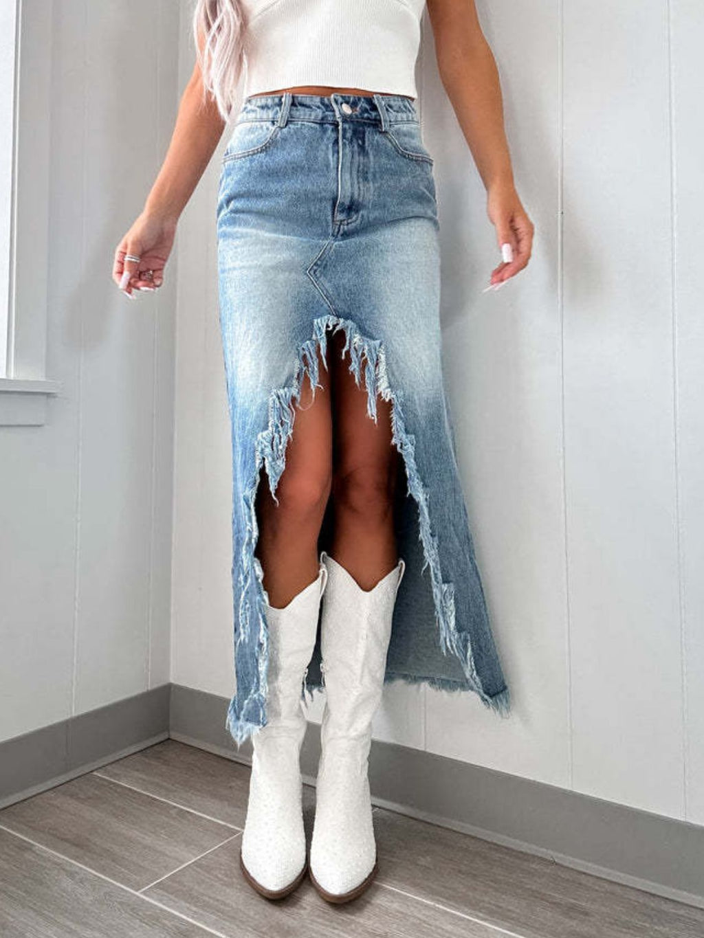 High-Waist Raw Hem Asymmetry Denim Skirt