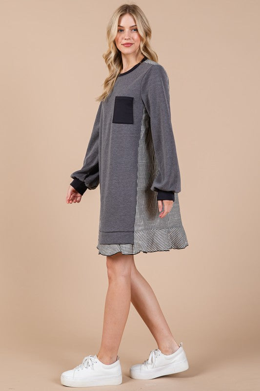 Striped Patchwork Terry Sweatshirt Dress in Charcoal