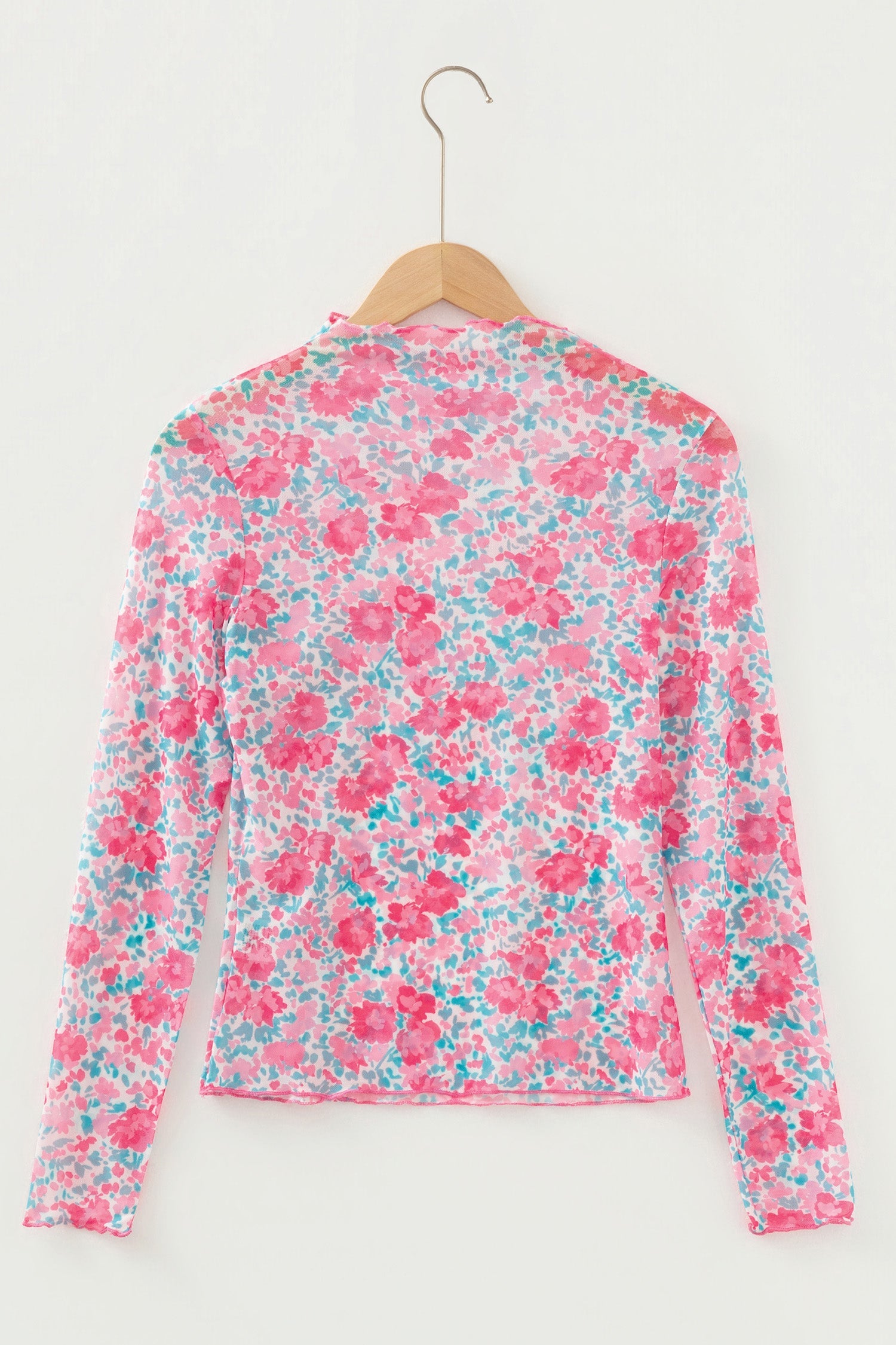 Pink Slim Fit Floral Mesh Long Sleeve Mock Neck Top