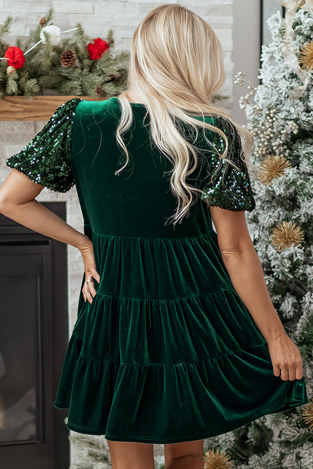 Velvet Sequin Puff Sleeve Tiered Mini Dress
