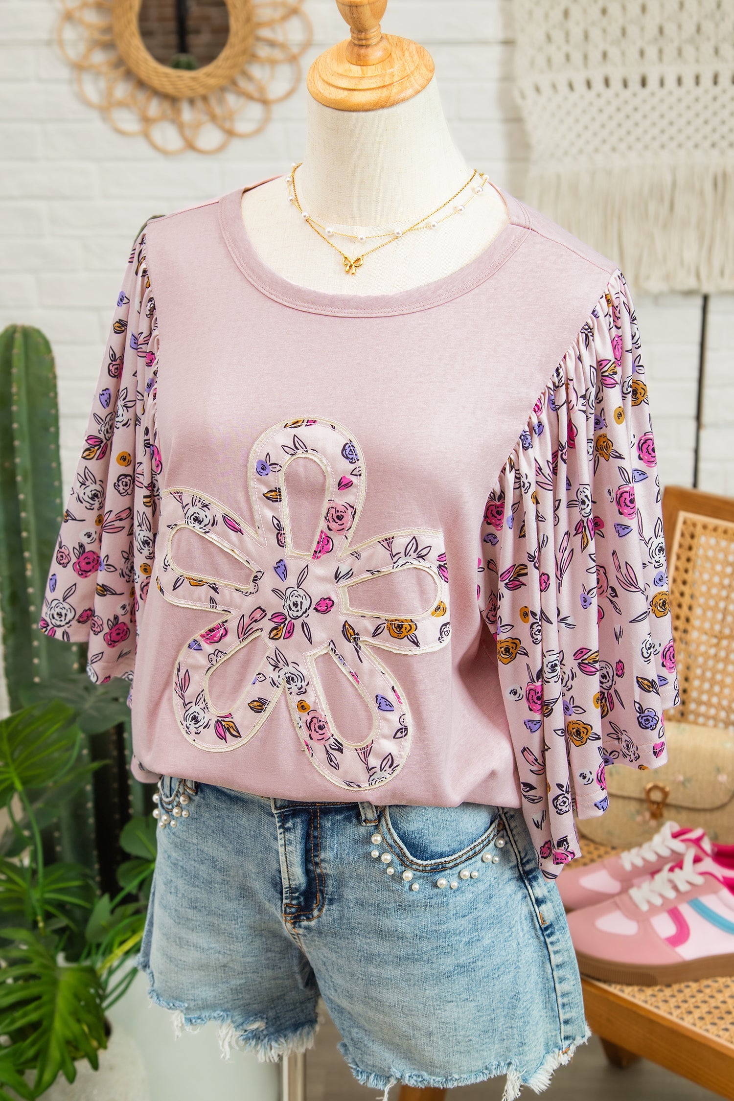 Pink Floral Patchwork Blouse with Flowy Half Sleeves