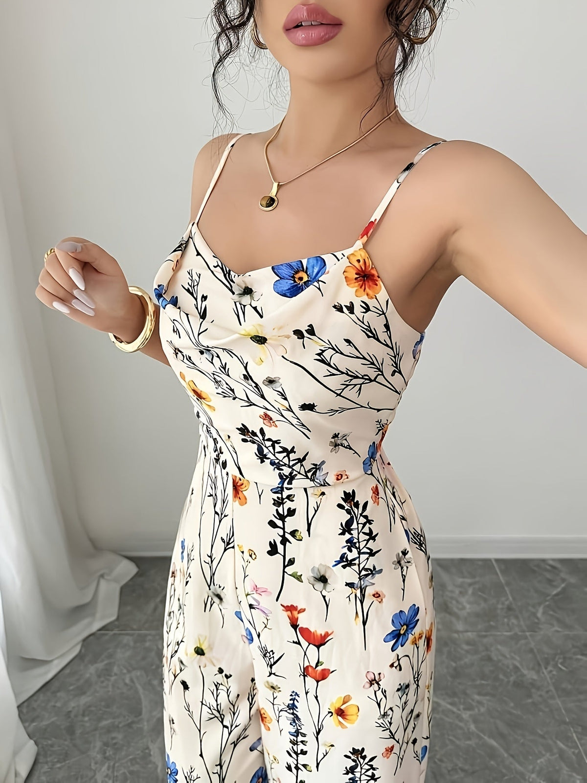 Elegant Floral Plunge Wide Leg Jumpsuit