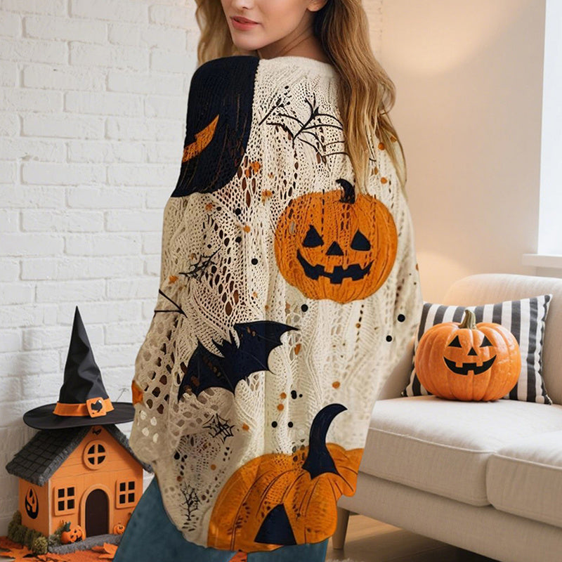 Women’s Halloween Pumpkin Print Batwing Sweater Loose Knit Top
