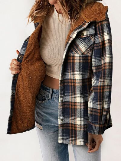 Plush Plaid Snap Down Hooded Jacket Cozy Warm Casual Outerwear
