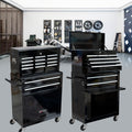A matte black 8-drawer industrial rolling tool cabinet against a neutral background