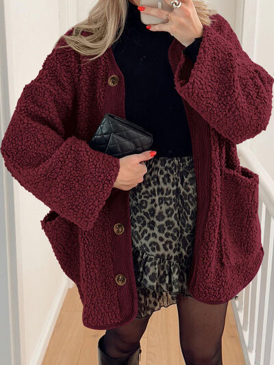 Women's Cozy Sherpa Fleece Button Up Jacket with Functional Pockets