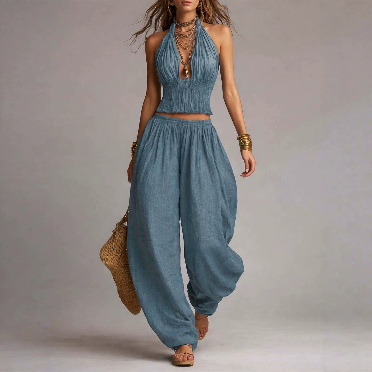 Women's Backless Halter Top & Wide-Leg Pants Set - Resort Wear