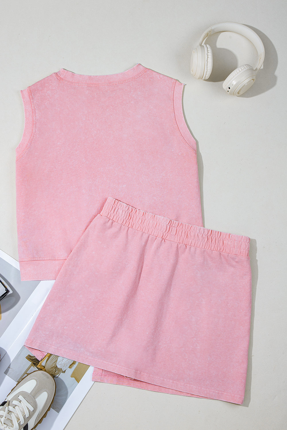 Solid Mineral Wash Cotton Tank Top and Lined Skort Set