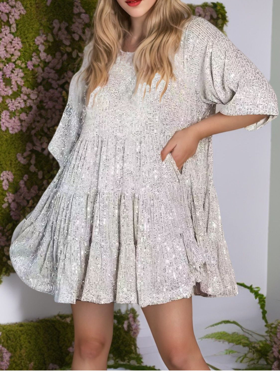 Sequin Round Neck Half Sleeve Mini Dress | Shimmer