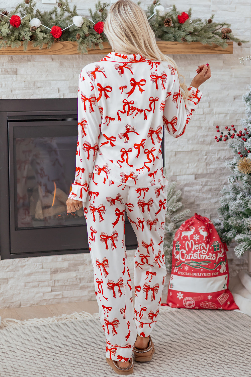 Women Festive Red Bow Print Long Sleeve Pajama Set - Image 3