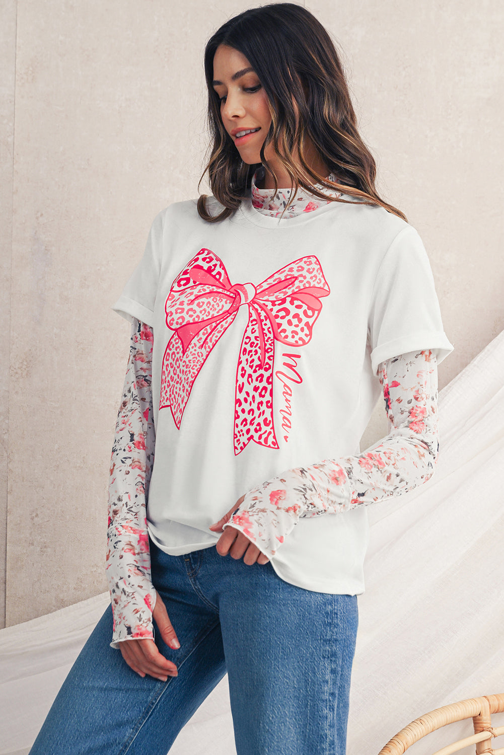 White Leopard Bowknot Graphic Crew Neck Tee | Soft Cotton Blend