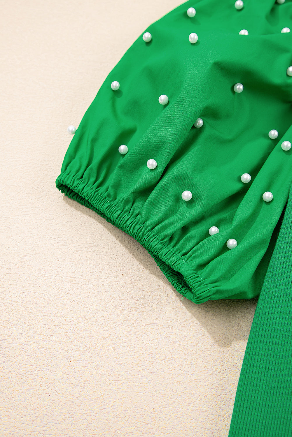 Pearl Beaded Puff Sleeve Ribbed Knit Top in Green and White