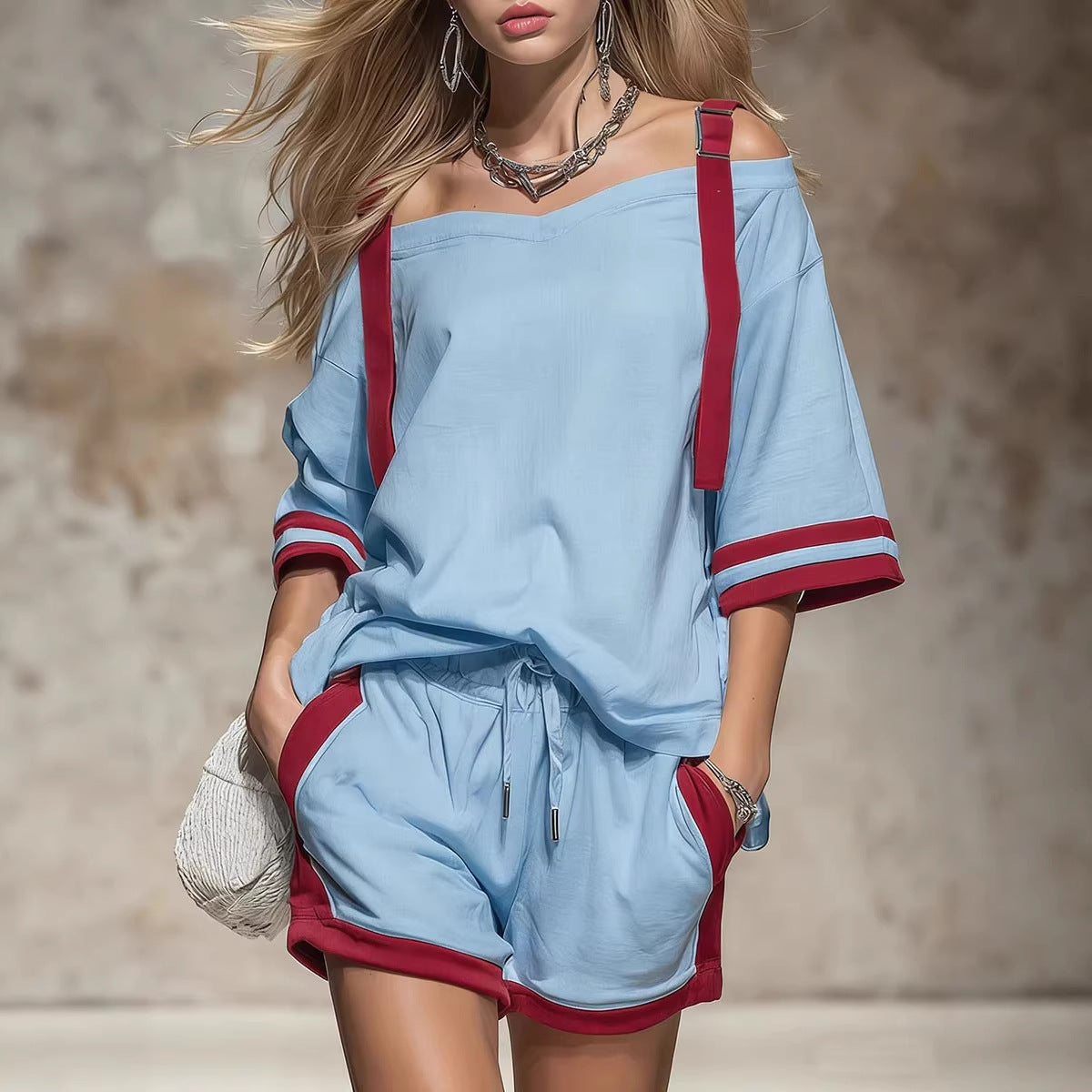 Women's Contrast Color-Block Shorts Set Two-Piece Casual Outfit